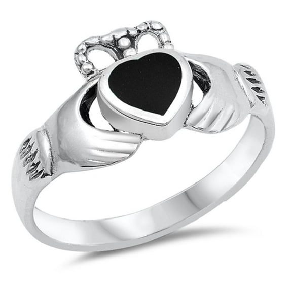CHOOSE YOUR COLOR Simulated Black Onyx Claddagh Heart Ring .925 Sterling Silver Band CZ Female Size 10