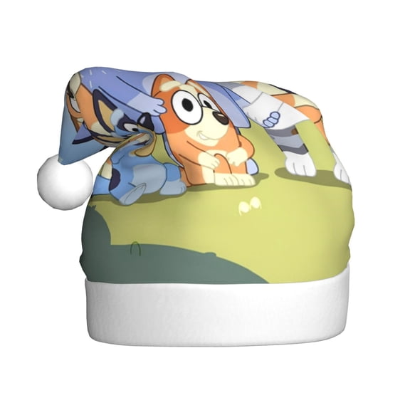 Kowoue Bluey Pattern Santa Hat Christmas Hats for Adults, Holiday Unisex Velvet Comfort Xmas Hat for Women Men