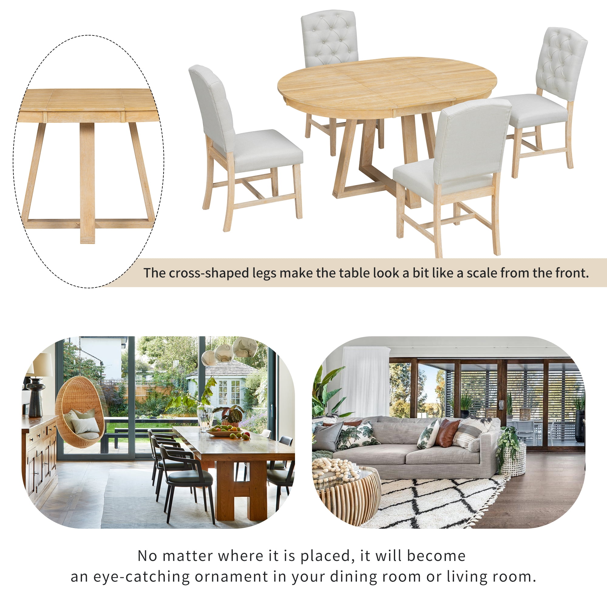 5-Piece Dining Table Set for 5, 42"-58" Extendable Round Dining Table with 4 Upholstered Chairs