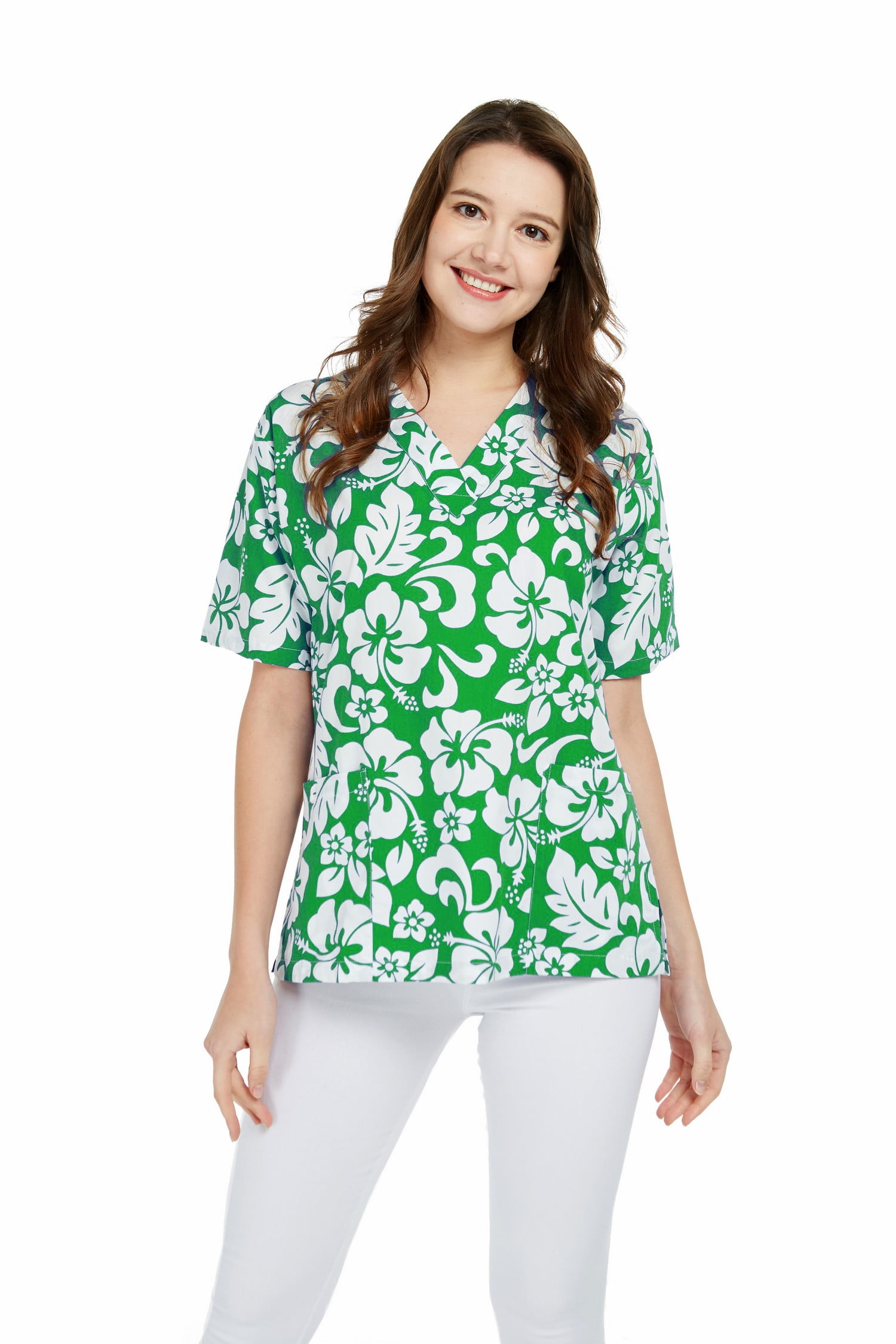 Hawaiian Print Cotton 2 Pockets Scrub Top in Classic Hibiscus Blue