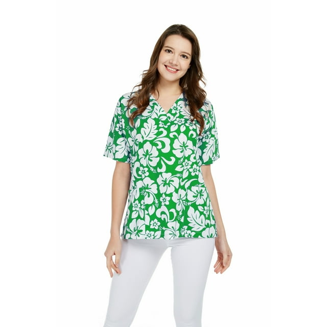Haut de Sarrau en Coton à Imprimé Hawaïen à 2 Poches, Vert Hibiscus Classique, S
