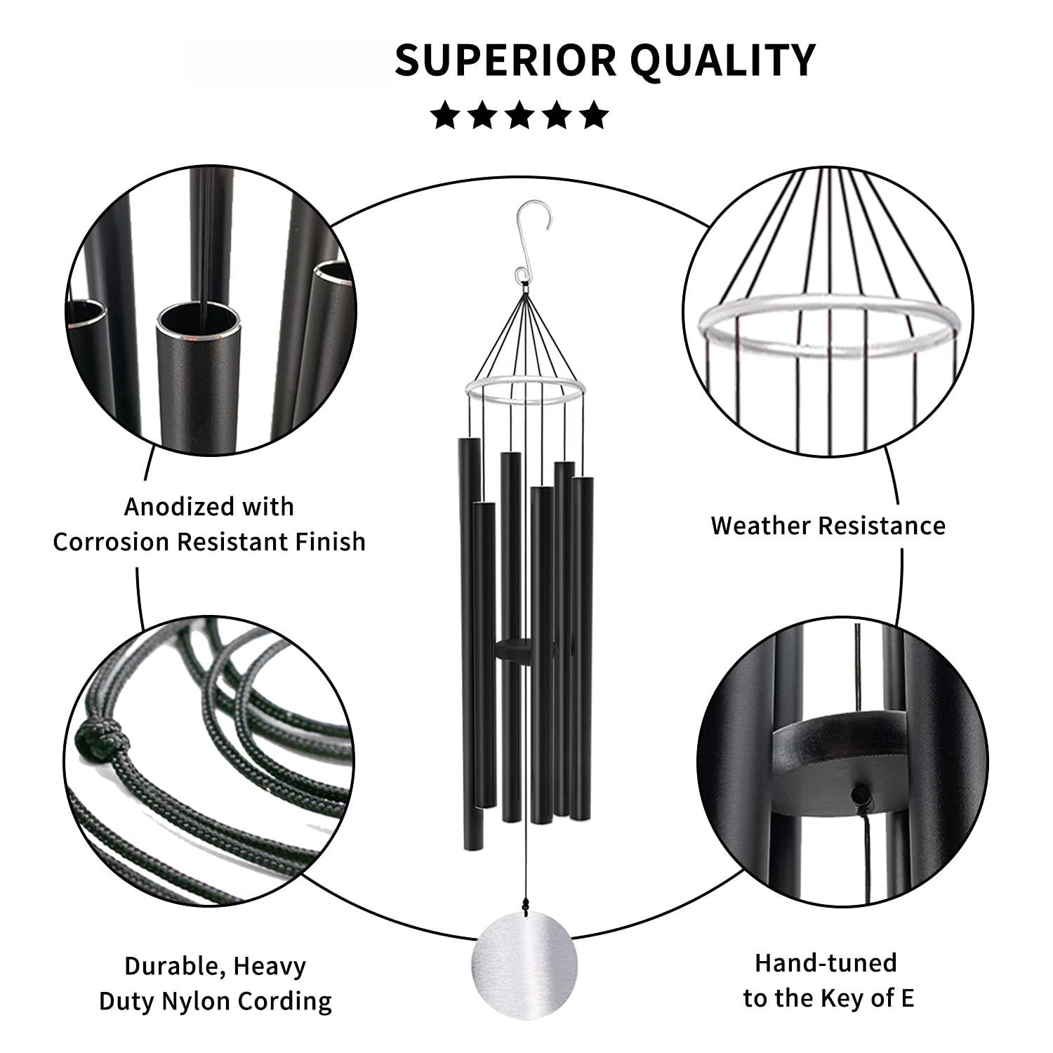 Wind Chimes Outdoor Large Deep Tone 36 Inch For Outside Tuned Relaxing Soothing Low Bass Memorial Windchimes Sympathy Mom Dad Black