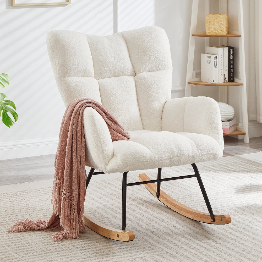 Glider Chair for Living Room Tufted Upholstered Teddy Fabric Rocking Chair with Metal Frame Accent Chair Green