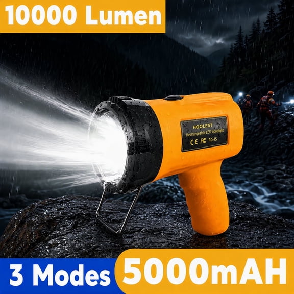 YTAKY Flashlight 10000 Lumens, Spotlight Rechargeable, 5000mAh Battery, IP67 Waterproof for Outdoor Camping, with Foldable Stand