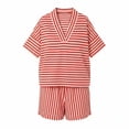 thumbnail image 6 of Karymi 2 Piece Sets for Women 2-Piece Striped Set, V-Neck Elbow Sleeve Loose Top + Elastic Waist Rolled Shorts, Casual Summer Loungewear & Beach Outfit Rompers for Women, 6 of 6