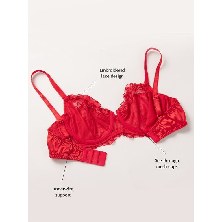 Deyllo Women's Sheer Lace Non Padded Full Cup Underwire Plus Size Bra, Red  36C