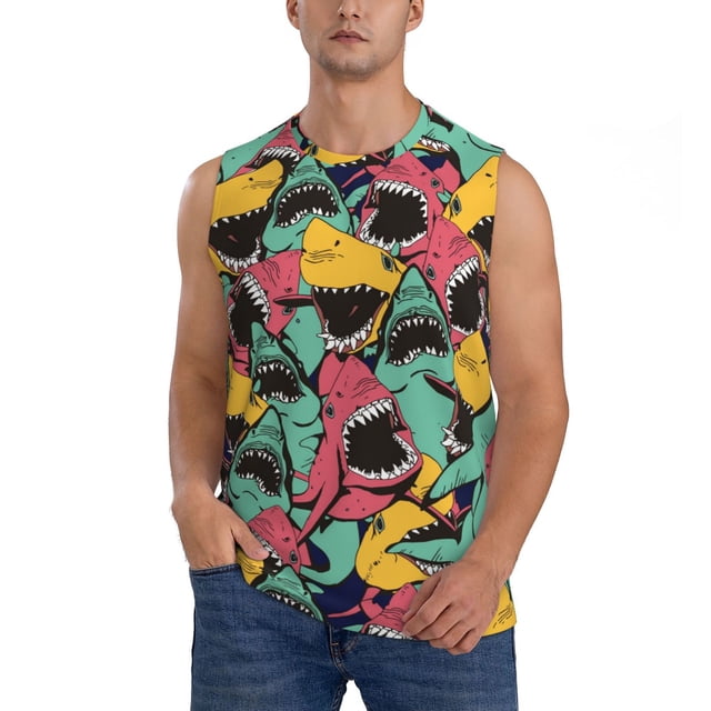 Balery Angry Shark Pattern Camisetas sin mangas para hombre, absorbe la humedad y protege contra el mal olor.-Small