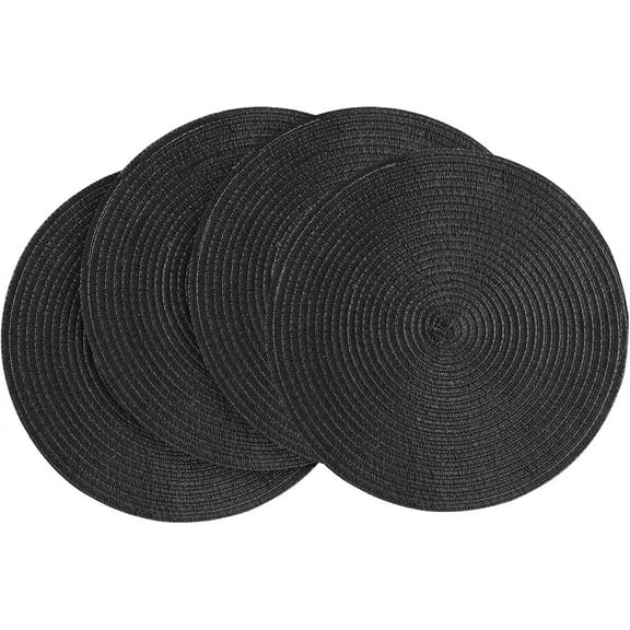 15 Inch Round Braided Placemats Set of 4, Black Cotton Polyester Circle Place Mats for Kitchen Dining Table, Party and Daily Decor