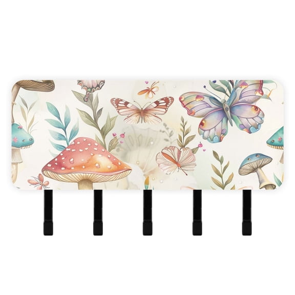 Butterflies Mushrooms Key Holder for Wall Mail Holder Organizer with 5 Key Hooks Wall Mount Key Rack with Shelf
