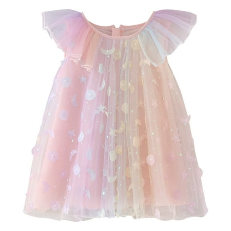 

Dr.Eam Infant Toddler Girls Sleeveless Rainbow Star Sequin Tulle Ruffles Princess Dress Dance Party Dresses Clothes Casual Holiday Dresses Red 12 M-18 M
