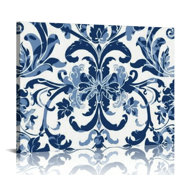 ARISTURING Vintage Flower Pattern Canvas Print: Navy Blue and White Bohemian Wall Art Abstract Mandala Picture Beautiful Floral Painting Modern Artwork for Bedroom Bathroom Ready to Hang