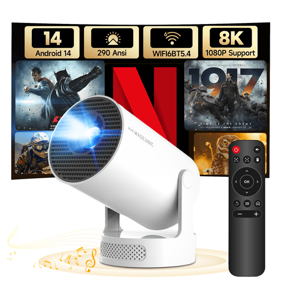 Magcubic Miniproyector Soporte 8K con WiFi 6 y BT 5.4, Brillo ANSI 290 con Altavoz de Base de Sonido de 5 W, Corrección Vertical Automática, Portátil Giratorio de 180° para Películas Domésticas