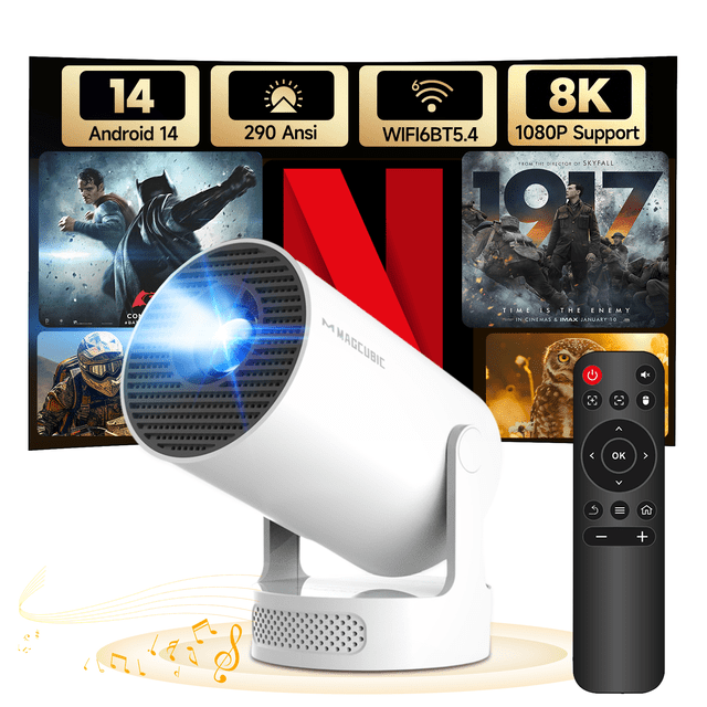 Magcubic Miniproyector Soporte 8K con WiFi 6 y BT 5.4, Brillo ANSI 290 con Altavoz de Base de Sonido de 5 W, Corrección Vertical Automática, Portátil Giratorio de 180° para Películas Domésticas