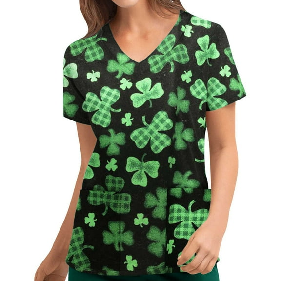 Lolmot Scrub Tops for Women St Patricks Day Shirt Short Sleeve V Neck T Shirt Spring Blouse Green Nursing Working Uniform Scrubs Nurse Holiday Tops with Pockets