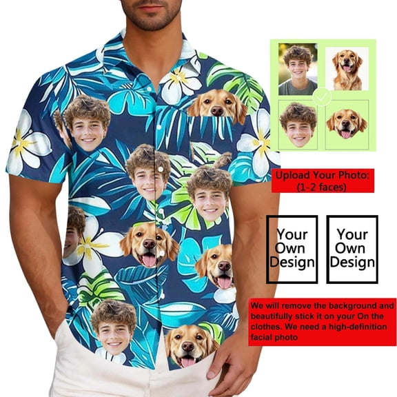 TrendOFT Hawaiian Shirt For Men Personalizable DIY Base Tropic Lapel Button Short Sleeve Blouse Relax Soft For Custom Photo Print Short Seaside Vacation Wear Mens Button Down Shirt Blue