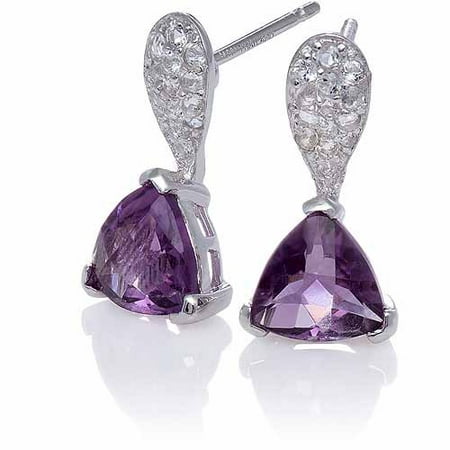 Amethyst Trillion with White Topaz Post Drop Sterling Silver Earrings