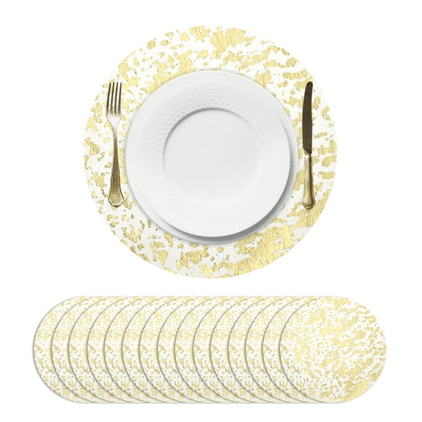 16Pcs Manteles Redondos Desechables Dorados, 13" Decoraciones de Mesa con Brillos Metálicos