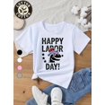thumbnail image 1 of Kids' Labor Dinosaur Patriotic T-Shirt - Cute Cartoon Dinosaur in Uncle Sam Hat & Stars Graphic, "Happy Labor quot; Text, Machine Washable, Loose Fit Round Neck, 1 of 6