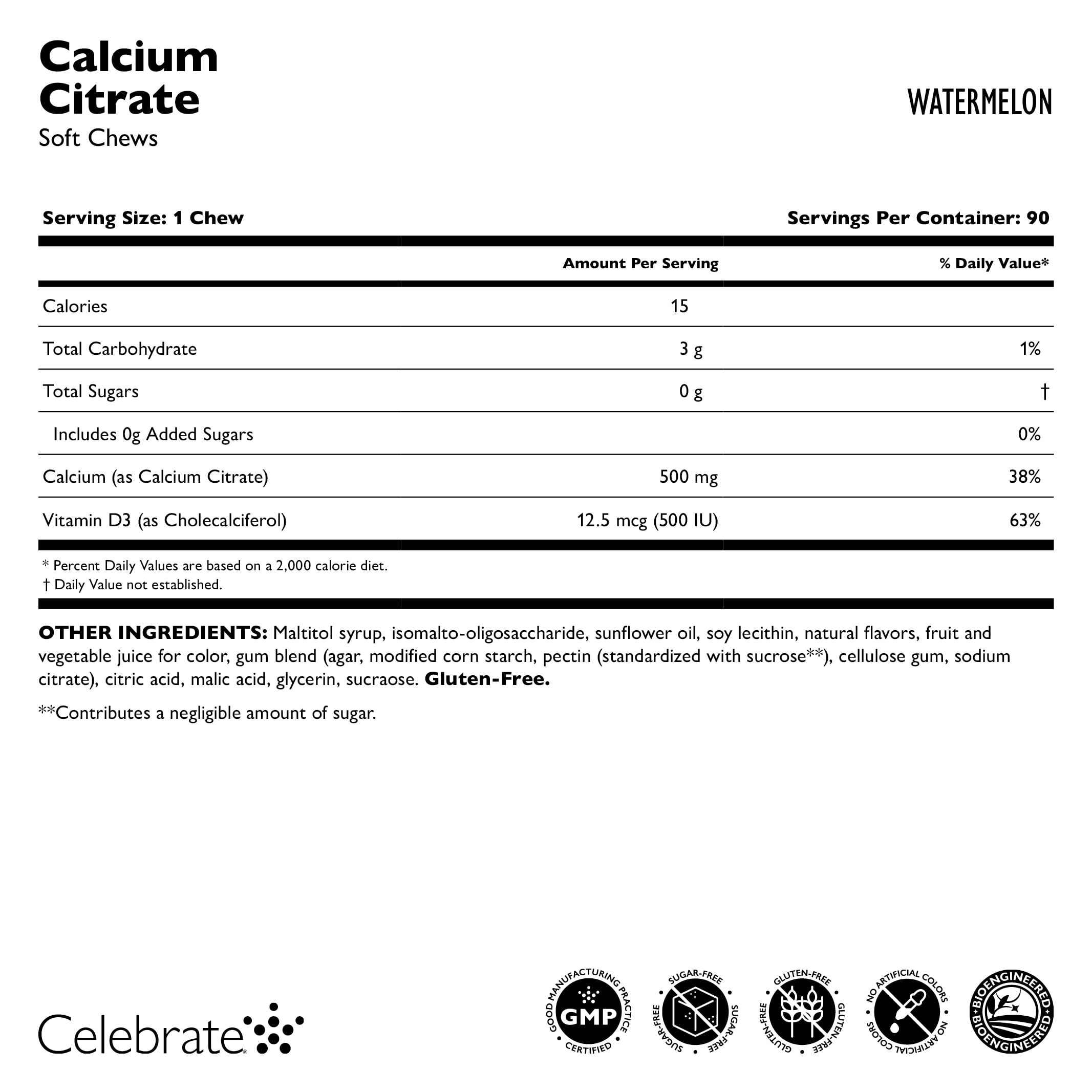 Celebrate Vitamins Calcium Chews, 500 mg Calcium Citrate with Vitamin D, Watermelon, 270 count