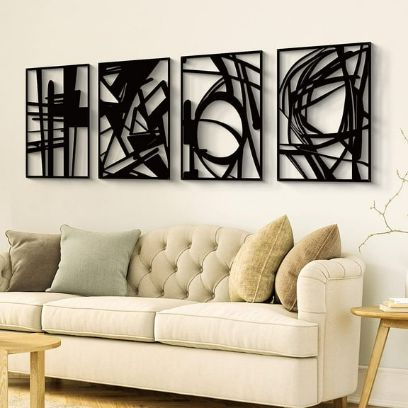 4 Pack Black Abstract Metal Wall Art, Minimalist 3D Textured Sculpture for Living Room Bedroom Bathroom
