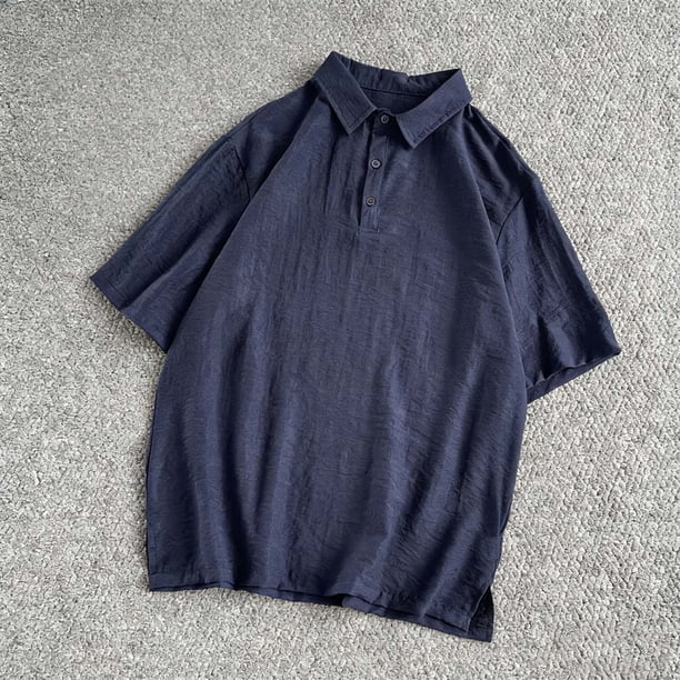 Ceisia Breathable Cotton-Linen Polo Shirt Men's Relaxed Fit Short Sleeve Solid Color Casual Top Navy XXL Gifts