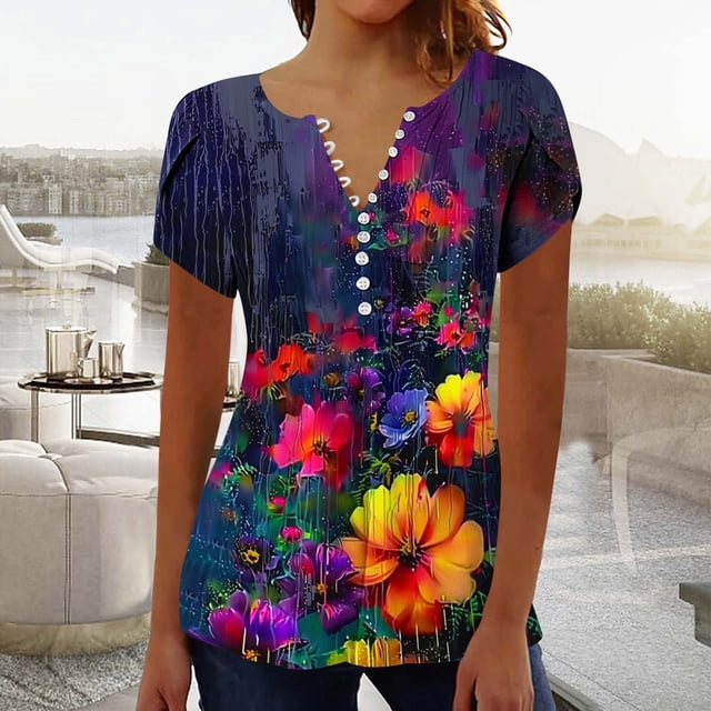 Babysbule Haut à Boutons à Col en V pour Femmes, Manches Courtes, Blouse Imprimée Aguichant, T-Shirt d'Été Décontracté pour Fête et Plage