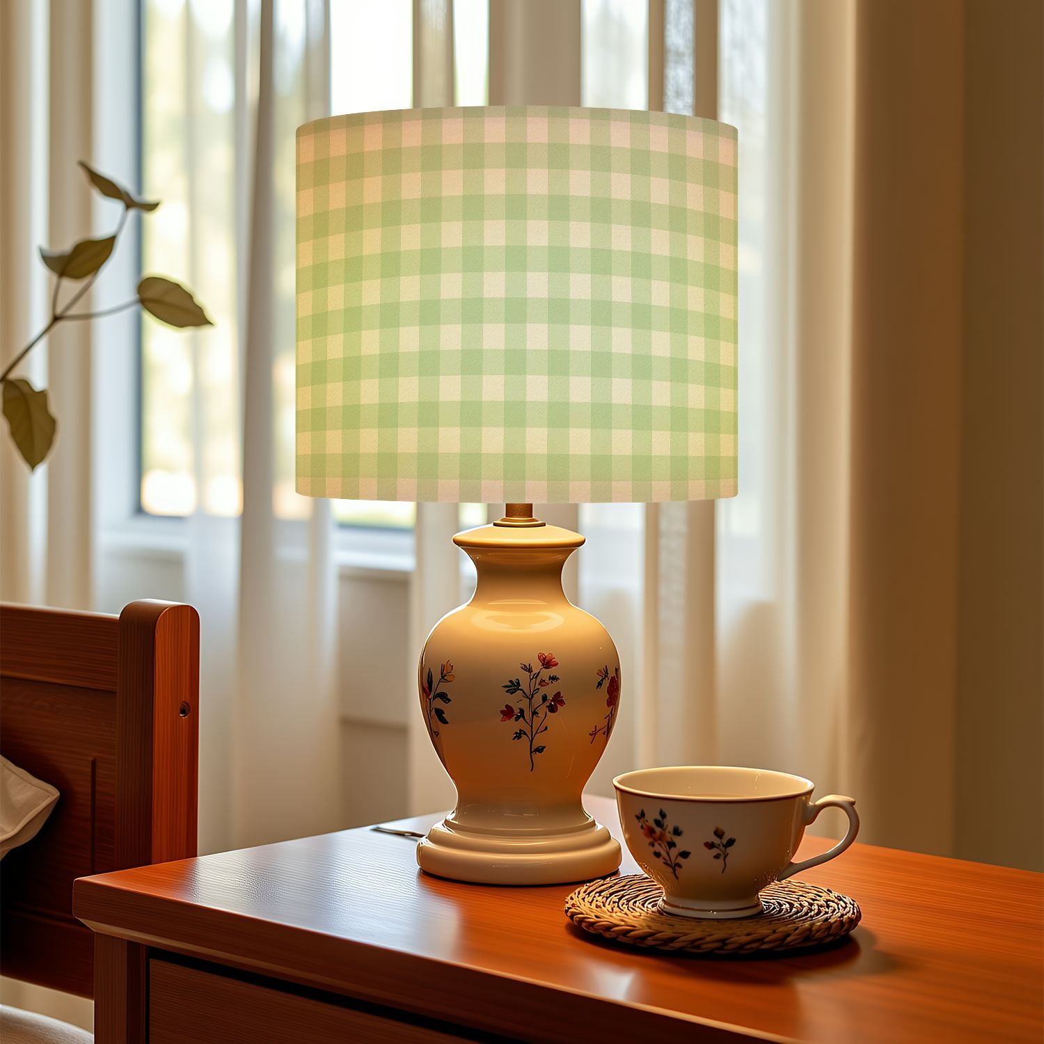 Linen Drum Lampshades Gingham seamless Plaid repeat green white Design for print 13"x13"x10" Light Shade for Table Lamps Floor Lamps Drum Lamp Shades Lampshade Replacement Assembly Required