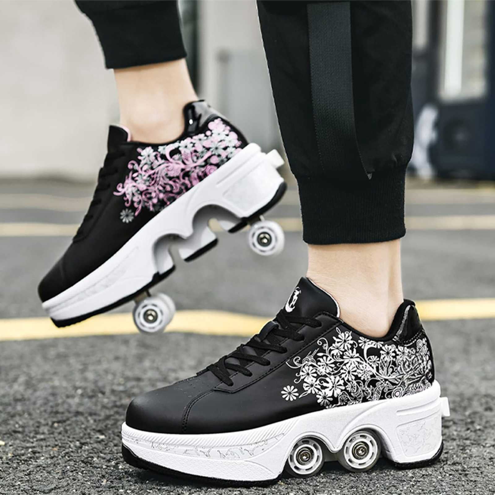 Roller Skate Shoes for men,Double-Row Deform Wheel Shoe Skate,Shoes with Wheel,2-in-1 Adult Parkour Roller Shoes Suitable for Outdoor Fun, Fitness