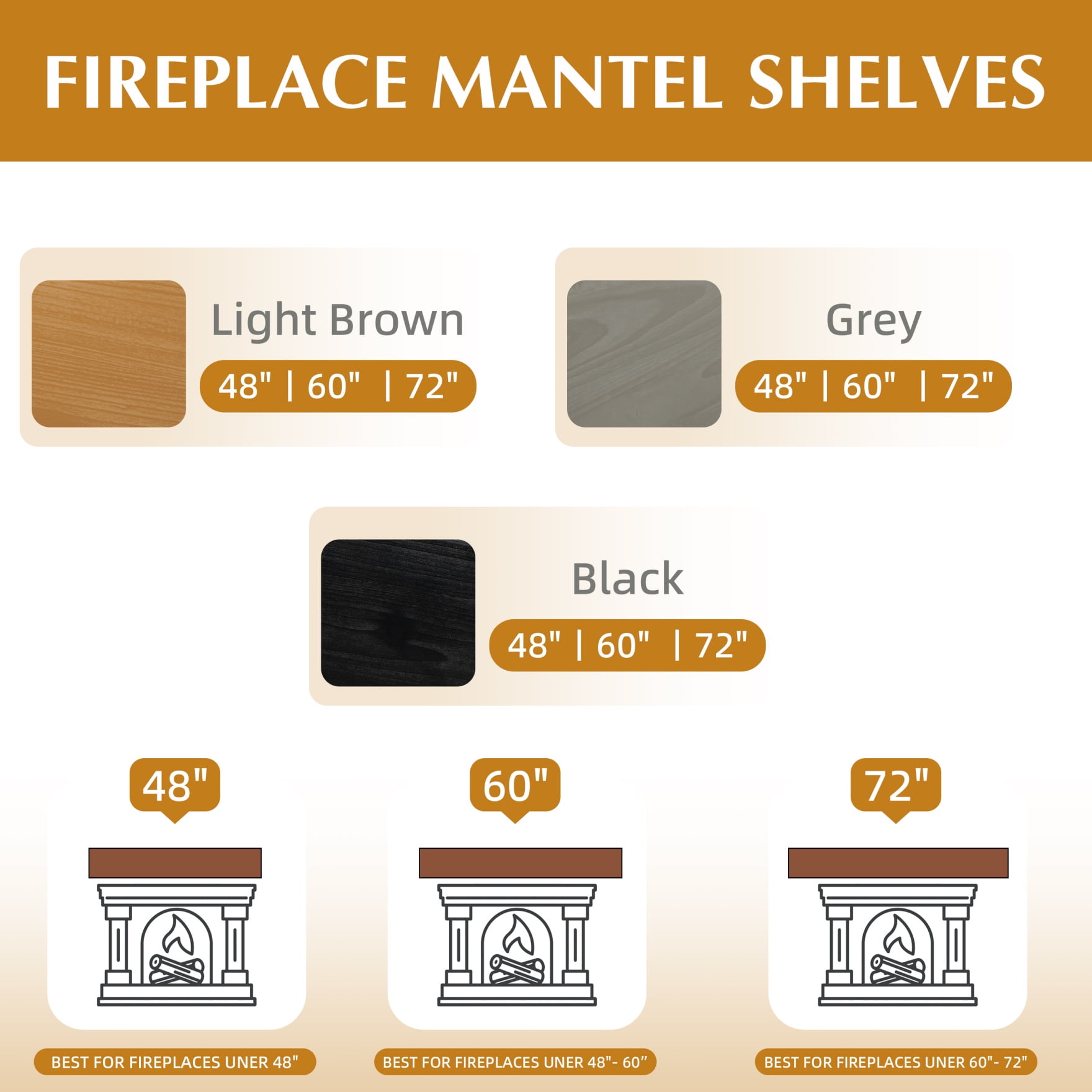 48 Inch Solid Wood Fireplace Mantel Shelf Wall Mounted Floating Shelf for Living Room Decor with Flat Surface and Invisible Bracket