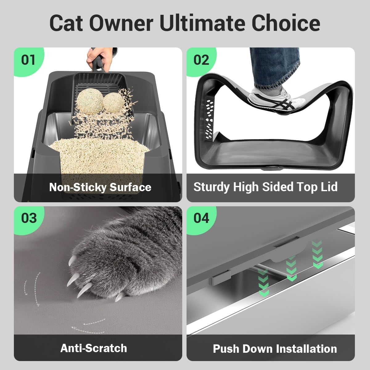 Extra Large Stainless Steel Cat Litter Box - 23.5" x 15.5" x 12" - High Sided Walls for Big Cats, Anti Urine Leakage, Odorless and Easy Cleaning - Foot Pad, Mat, Scoops & Deodorizer - XXL Litter Box