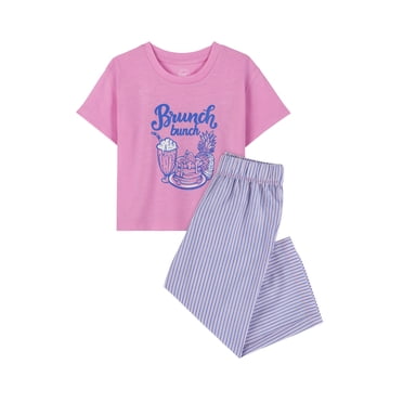 Wonder Nation Girls Short Sleeve Top and Woven Sleep Pant Pajama Set, 2-Piece, Sizes 4-18