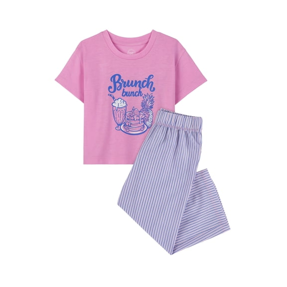 Wonder Nation Girls Short Sleeve Top and Woven Sleep Pant Pajama Set, 2-Piece, Sizes 4-18