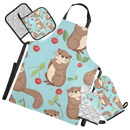 Otters Cherries with Leaves Apron Set with Oven Mitts Pot Holders Set of 5 Kitchen Stuff Accessories