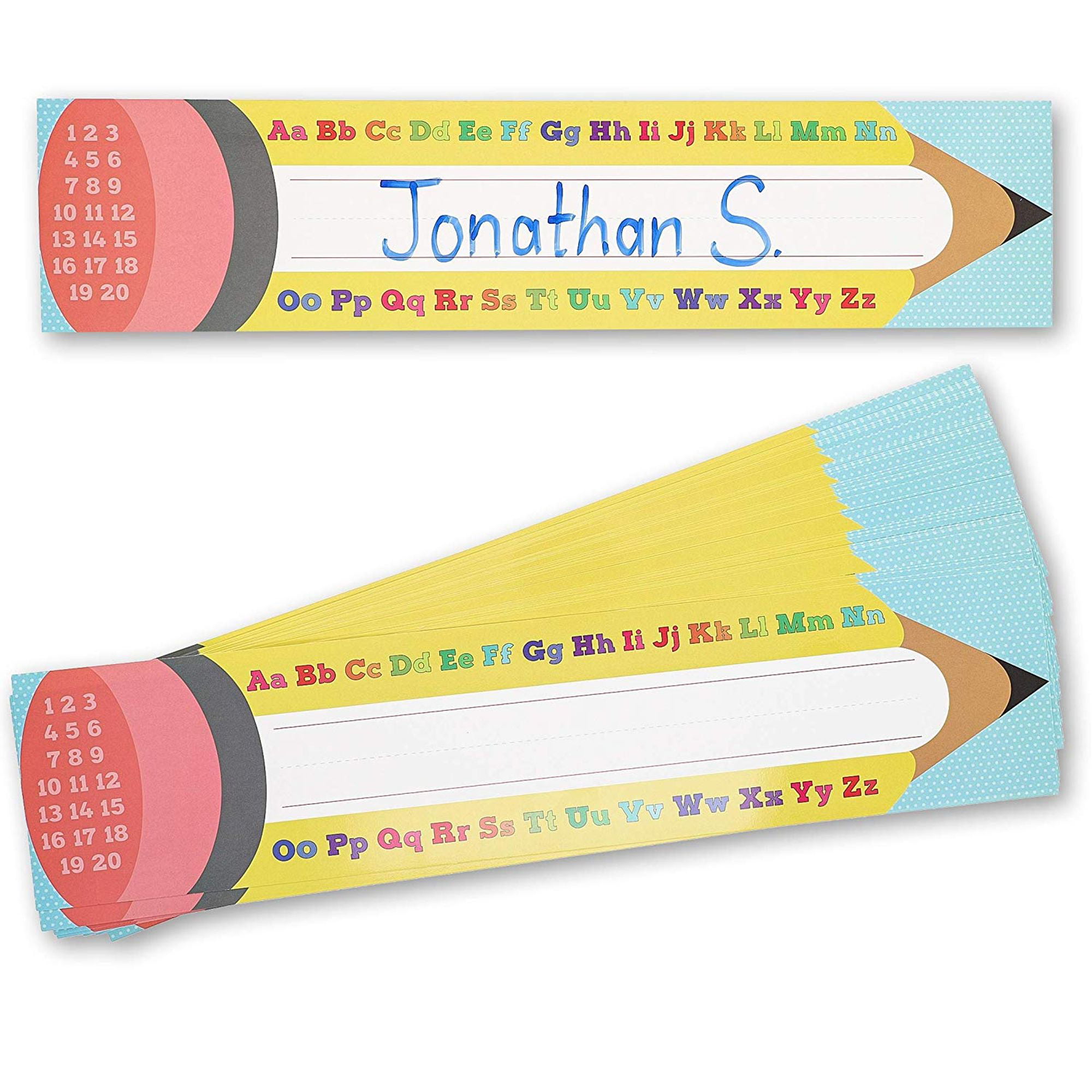 50Pack Student Classroom Name Tags for Desk, Alphabet Numbers Pencil