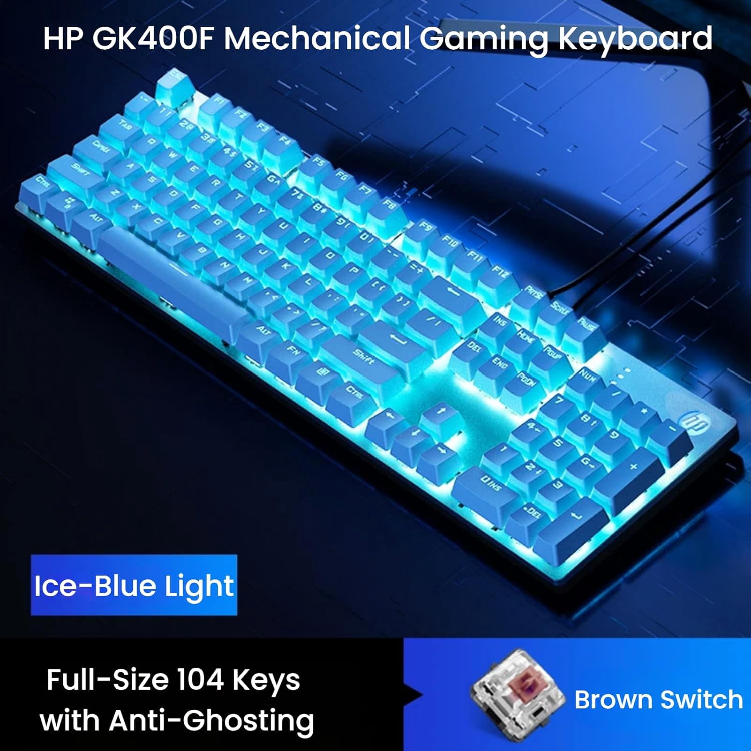 HP GK400F Wired Mechanical Keyboard – 104-Key Brown Switches, USB Connection, Dual-Use for Office & Gaming, Silver/Glacier Blue, Side-Printed Keycaps