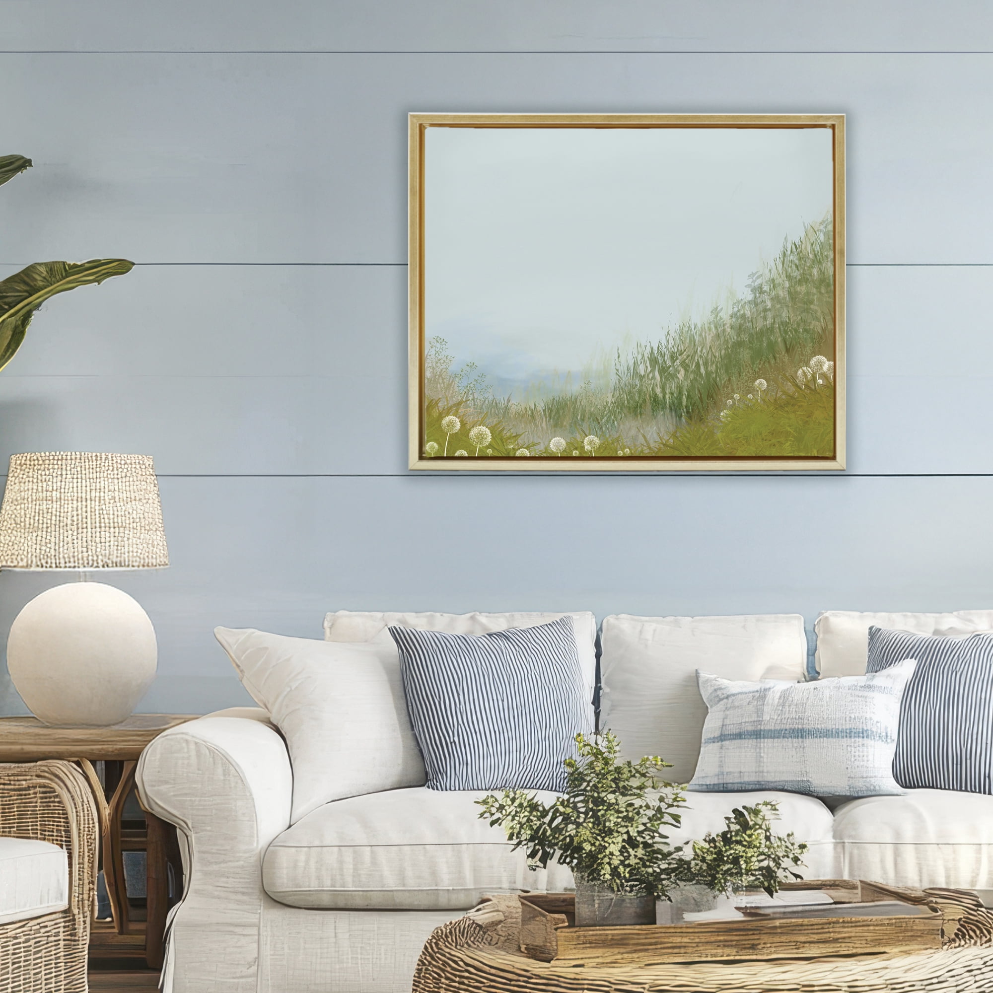 Misty Meadow Hill Gold Framed Floater Canvas Wall Art, design by Renel Peters