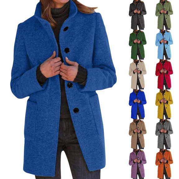 HAJWOH Women's Blend Coat Single-Breasted Stand Collar Trench Coats Mid Long Warm Overcoat Casual Long Sleeve Pea Coats