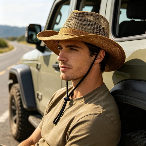 Clearance! Sun Hat Wide Brim Cowboy Style Outdoor UV Protection Mesh Ventilated Chin Strap Fishing Hiking Gardening Beach Camping Travel Summer Adjustable Breathable Cap