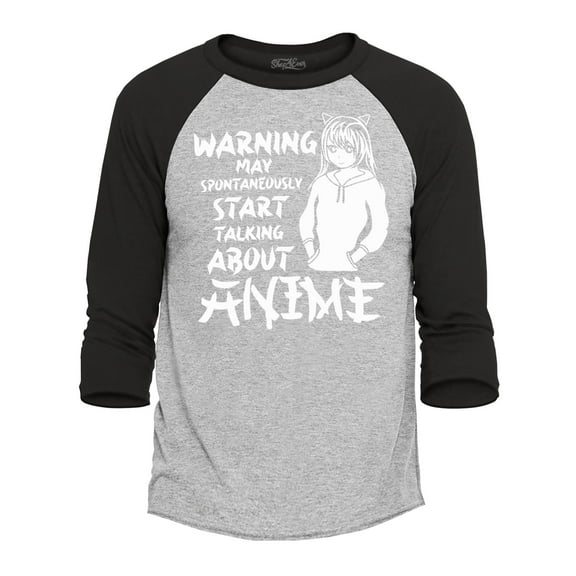 Shop4Ever Men's Warning May Start Spontaneously Talking About Anime Raglan Baseball Shirt X-Small Heather Grey/Black