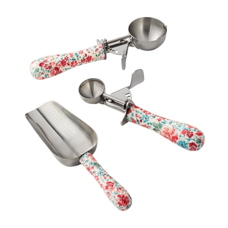 The Pioneer Woman 3-Piece Stainless Steel Flour  Cookie  and Ice Cream Scoop Set  Floral