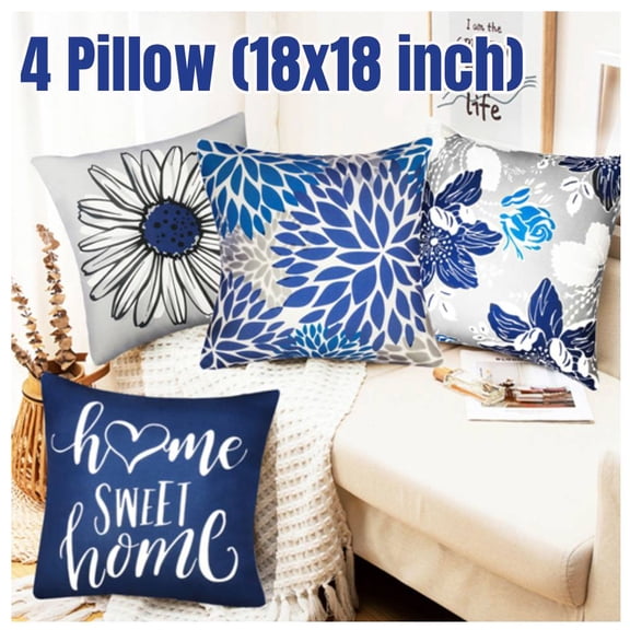 4 PACK Decorative Throw Pillow Covers, Blue Pillow Covers 18 x 18 inch Throw Pillow Cases Linen Square Pillow Case,Farmhouse Outdoor Modern Boho Pillow Covers for Couch Sofa Living Room