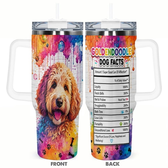 40oz Goldendoodle Dog Facts Insulated Tumbler with Handle and Straw Colorful Travel Cup Gift for Dog Lovers