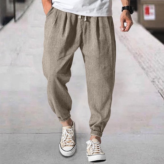 Harem Pants Men Drawstring Elastic Waist Taper Cotton Linen Pants Baggy Lightweight Casual Pants with Pocket, L