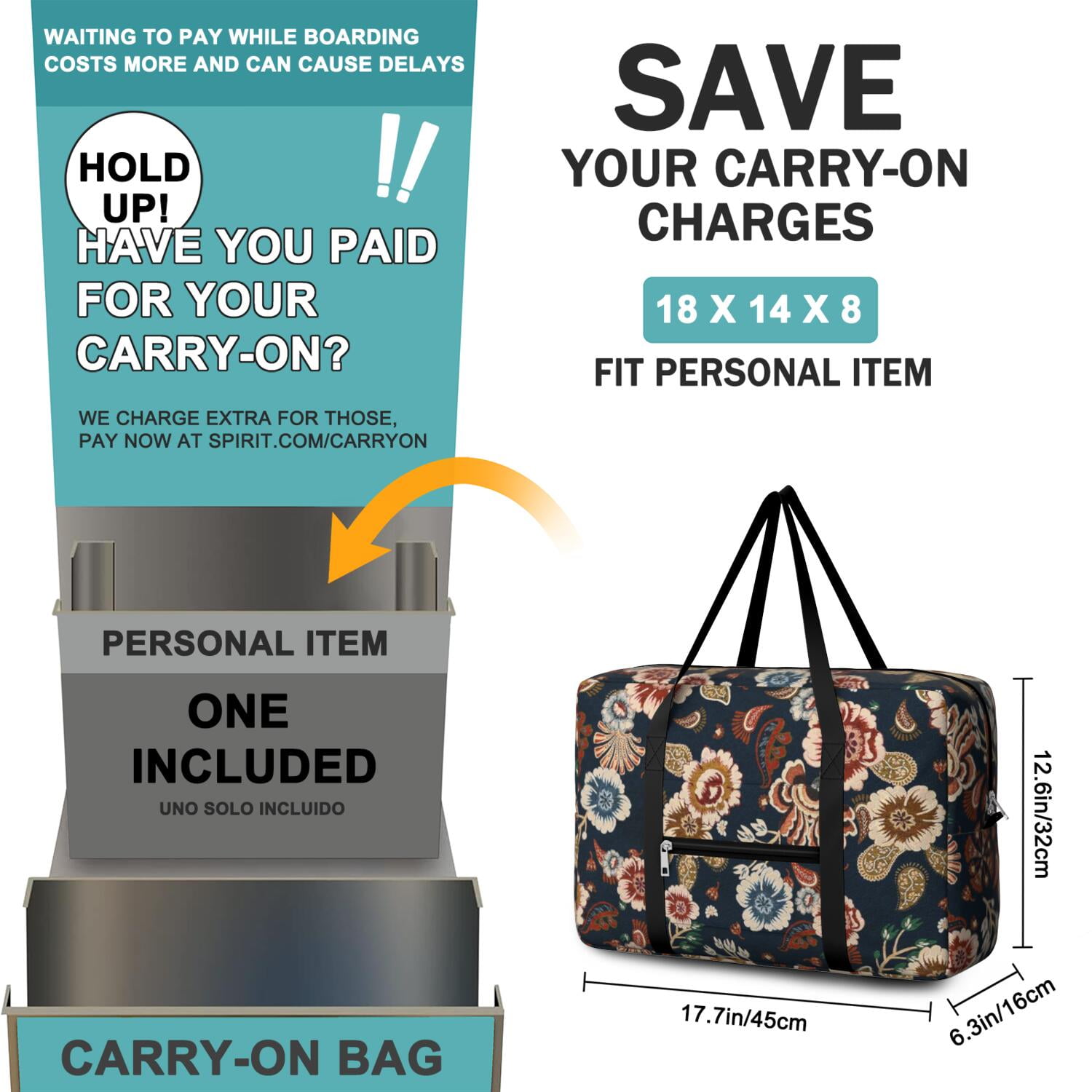 For Spirit Airlines Personal Item Bag 18x14x8 Inch, Floral Weekender Travel Bag, Foldable Travel Duffel Bag Underseat Carry on Bag with Luggage Sleeve for Women and Men 30L