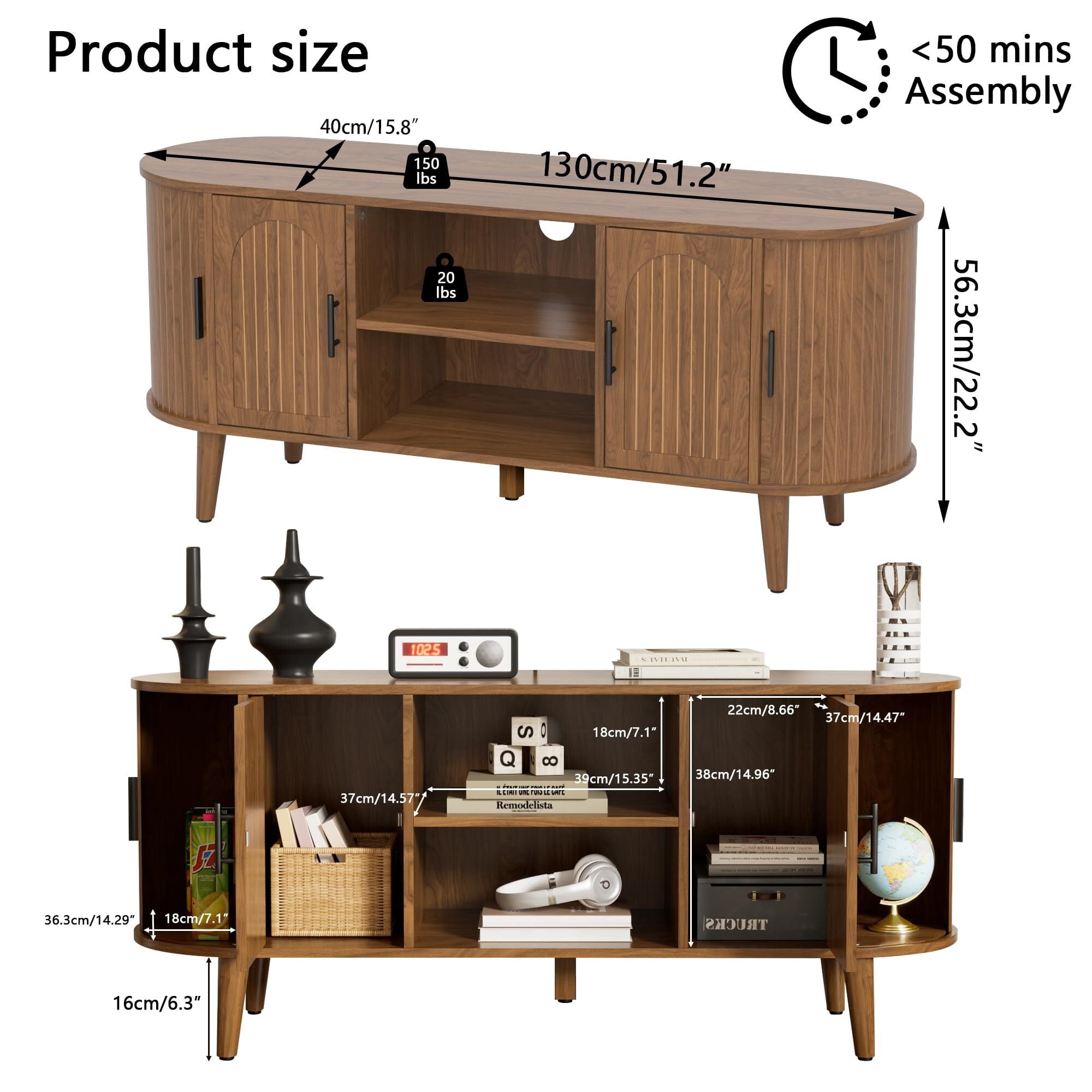 51" Fluted TV Stand, Mid-Century Entertainment Center for 60" TVs with Drawers & Sliding Doors, Curved Media Console