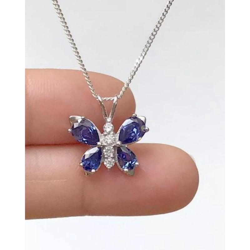 Luxe Nature-Inspired Butterfly Pendant Necklace Gift For Women Blue Sapphire Marquise Cut 14K White Gold Over 925 Silver