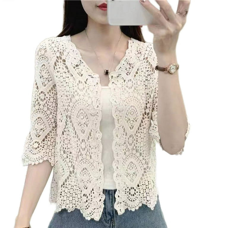 Women Knitted Lace Shrug Boho Hollow Crochet Floral 3/4