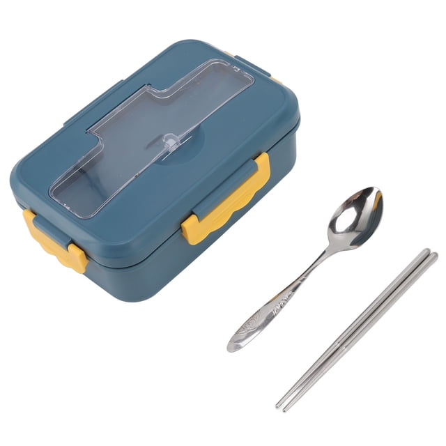 Elegante lonchera térmica azul estilo bento para adultos y niños con cuchara y palillos