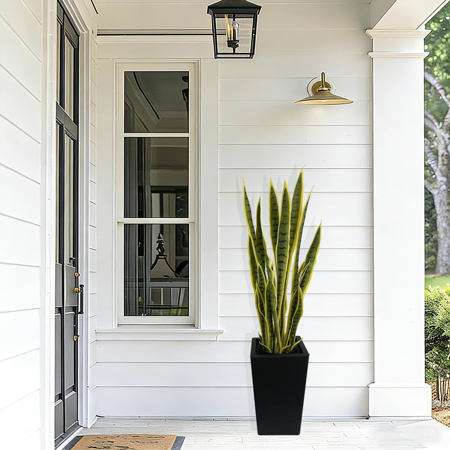 Artificial Snake Plant 4FT with Black Pot, Single Pack, 24 Adjustable Leaves, Suitable for Indoor & Outdoor, Garden, Backyard, Front Door Decor, Daily Home Decoration, Holiday Decoration, Yellow