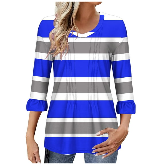 Utoimkio Women's V Neck 3/4 Sleeve T Shirts Casual Floral Print Tunic Tops Basic Tees Blouses for Women